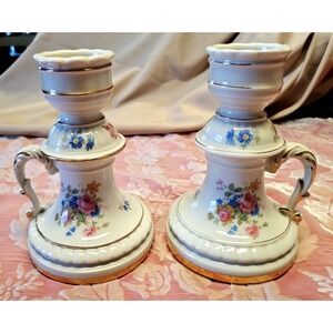 Vintage Ceramic beautiful candle-holders Gold accents and Flower Transfers
